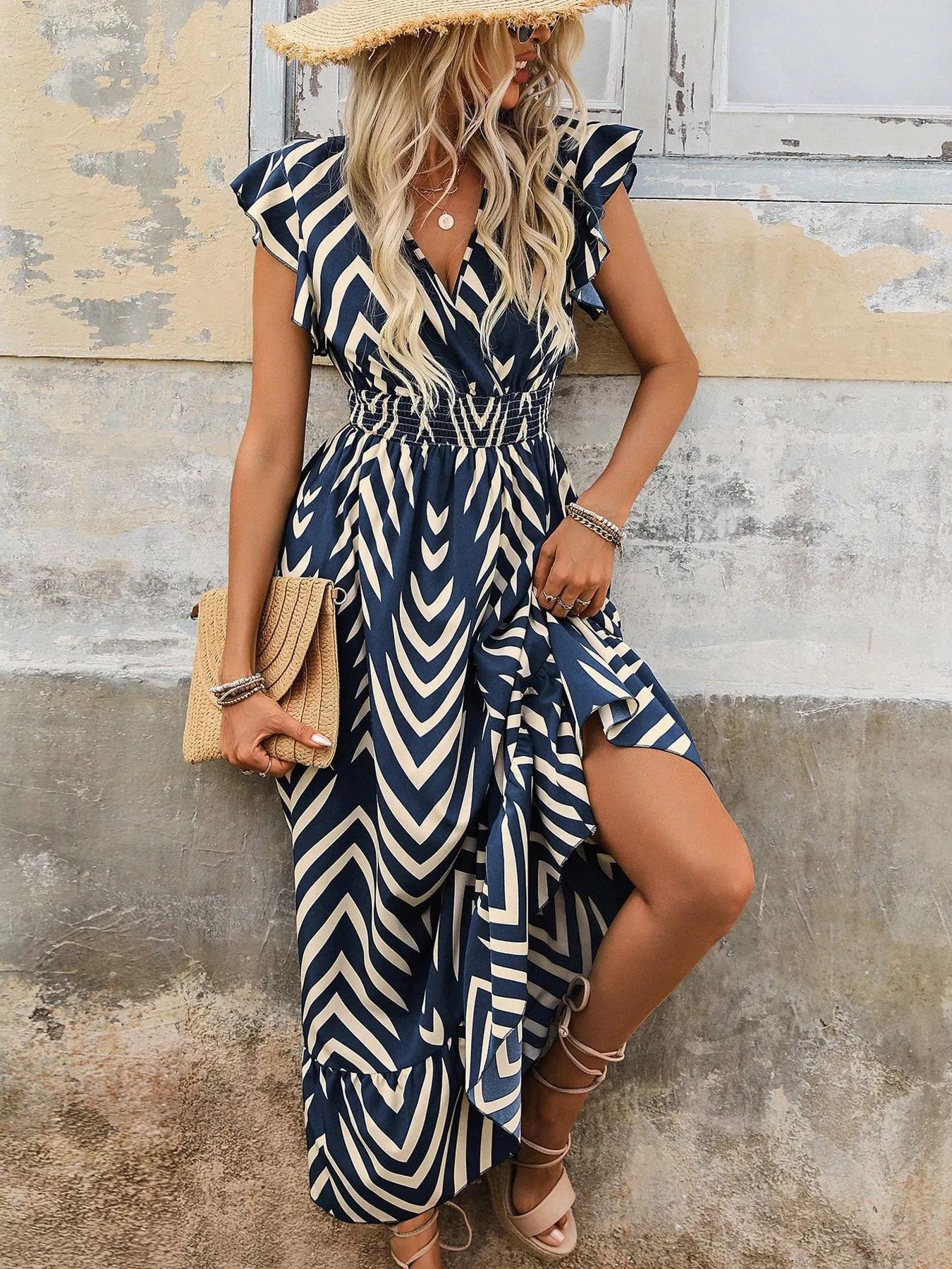 Elegant V-Neck Ruffled Sleeve Slim Loose Striped Dress