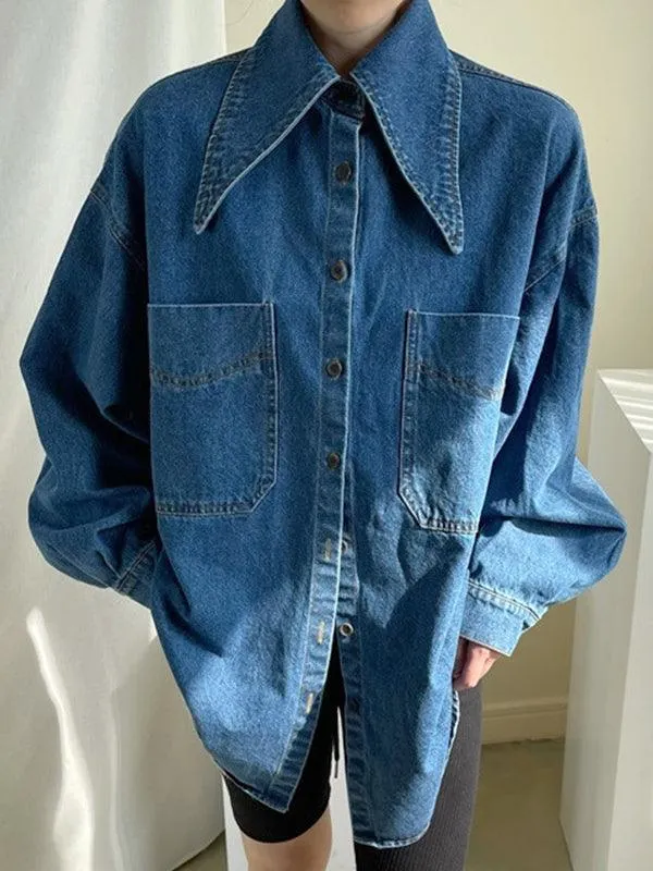 Maxct Vintage Large Collar Single Breasted Loose Denim Shirt