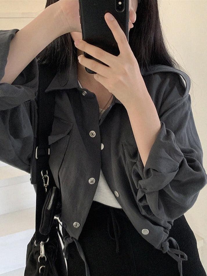Maxct Lapel Neck Snap Button Drawstring Short Long Sleeve Blouse