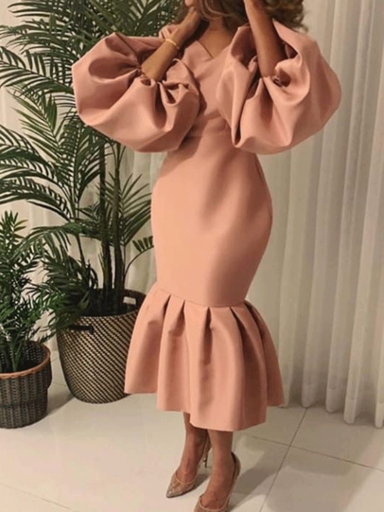 Lantern Sleeve Midi Fishtail Dress Maxct