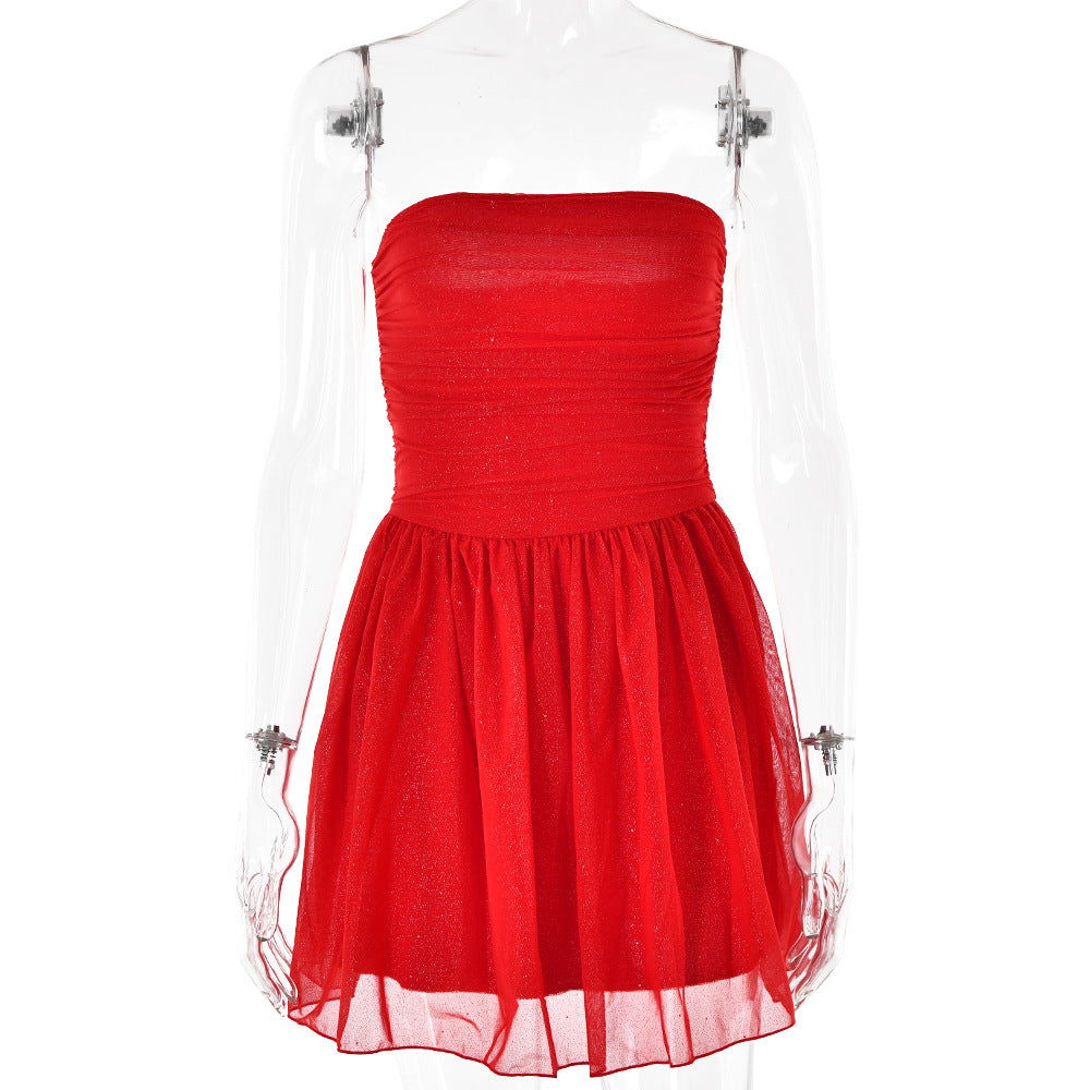 Maxct homecoming dresses Hot New Dress Sexy Trendy Mesh Stitching off-Neck Tube Top Backless Short Skirt for Women