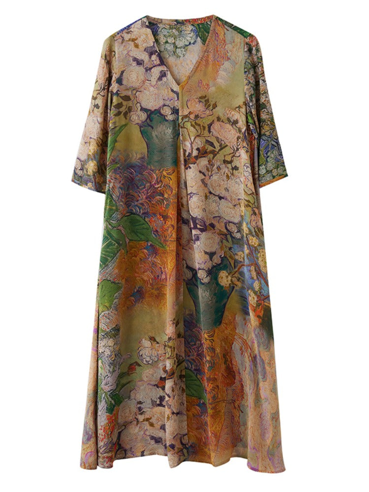Women Retro Vacation Printed V-Neck A-Line Tencel Dresses