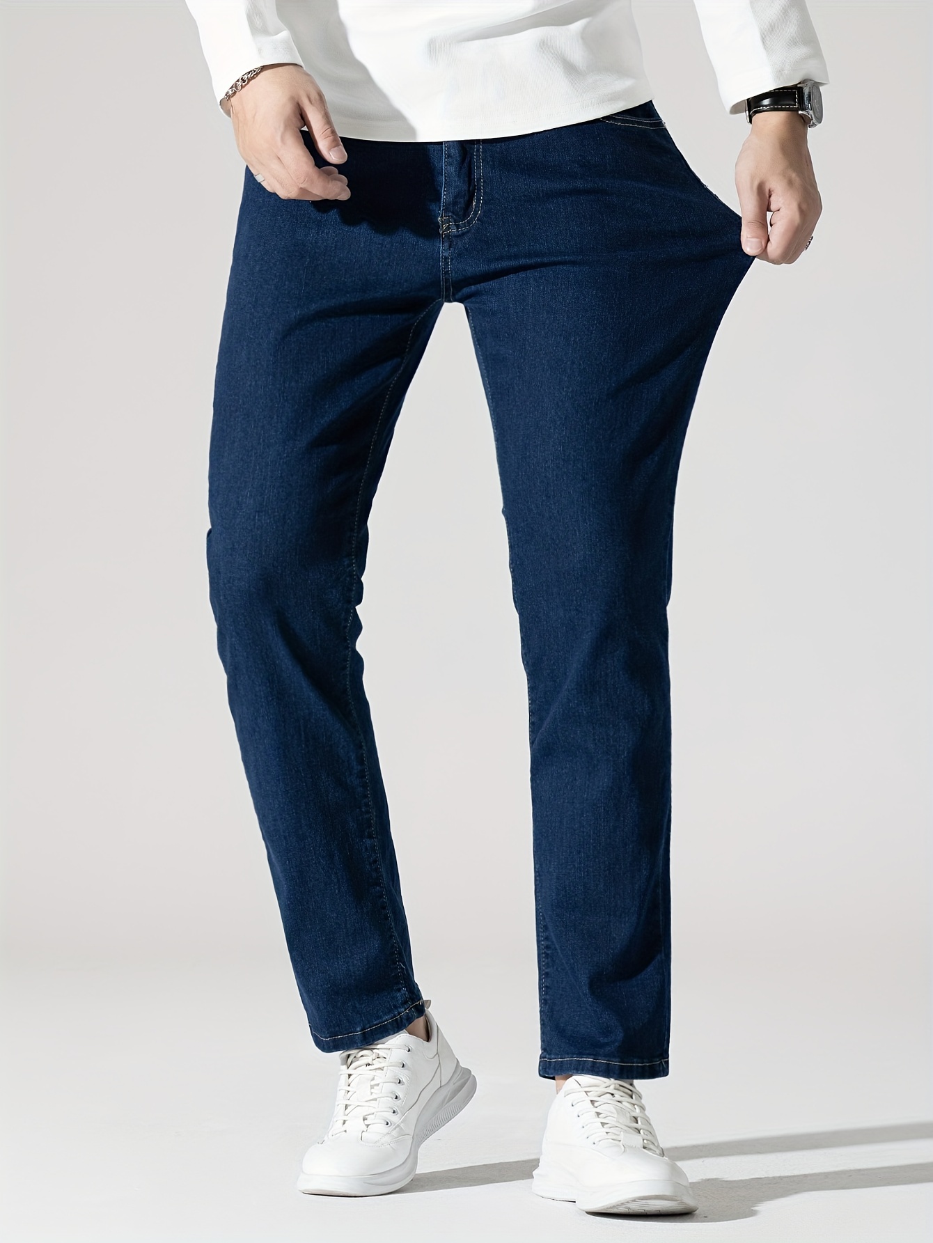 Men's High Stretch Jeans For Business, Slim Fit Denim Pants With Pockets For Spring Fall