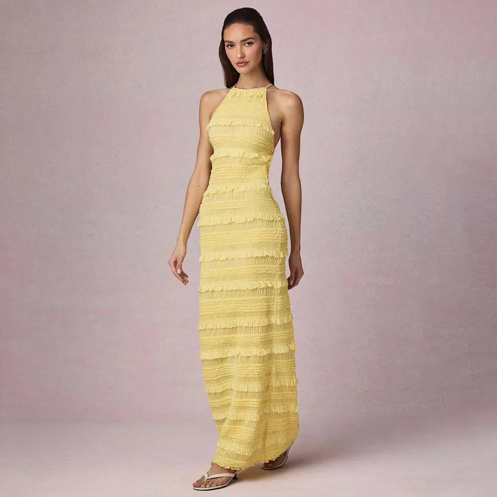 Ruffle Lace Backless Halter Neck Dress Maxct