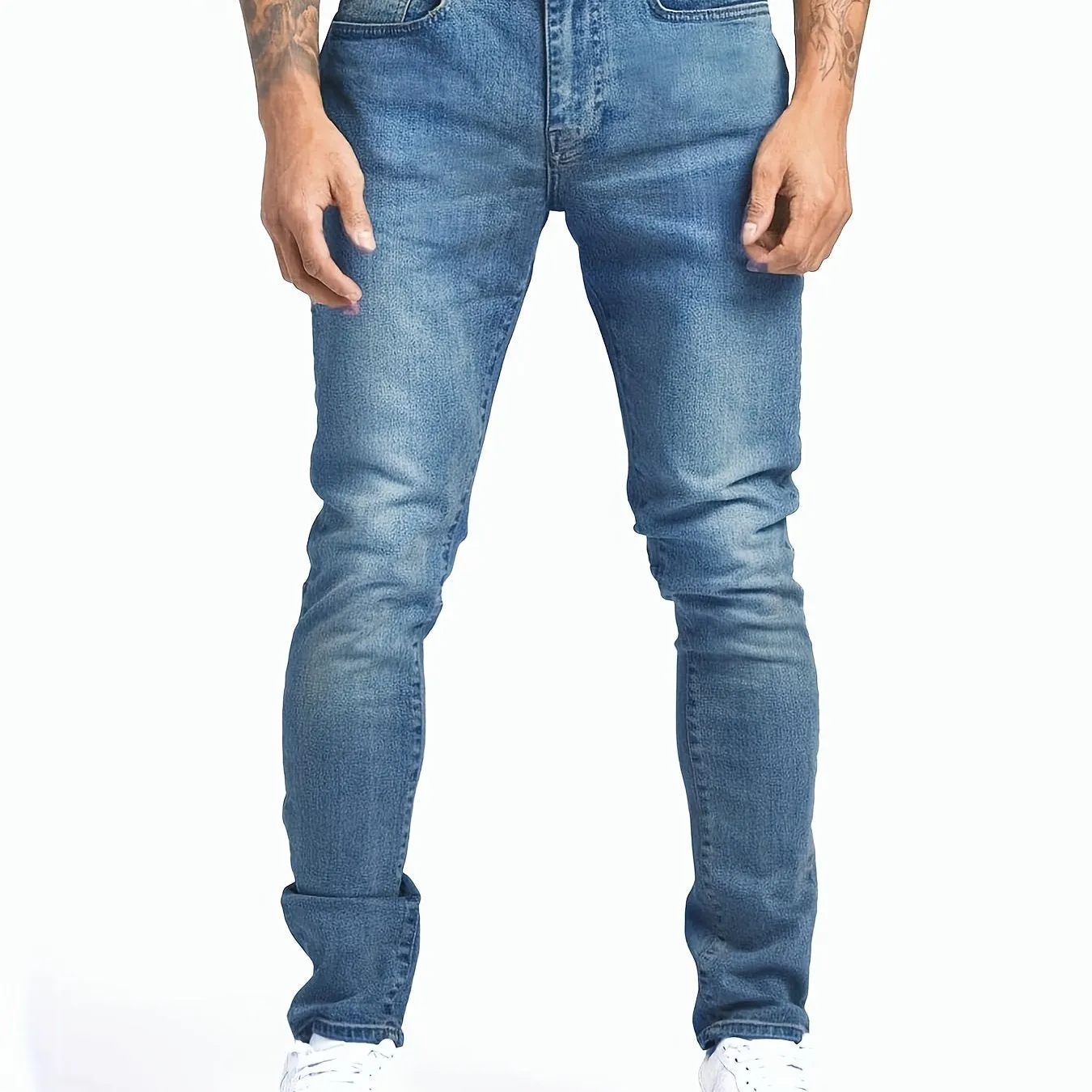 Maxct  Slim Fit Jeans, Men's Casual Street Style Solid Color Mid Stretch Denim Pants For Spring Summer