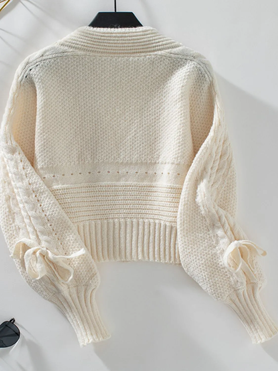 Maxct &Cable-Knit Tied Open Front Lantern Sleeve Cardigan