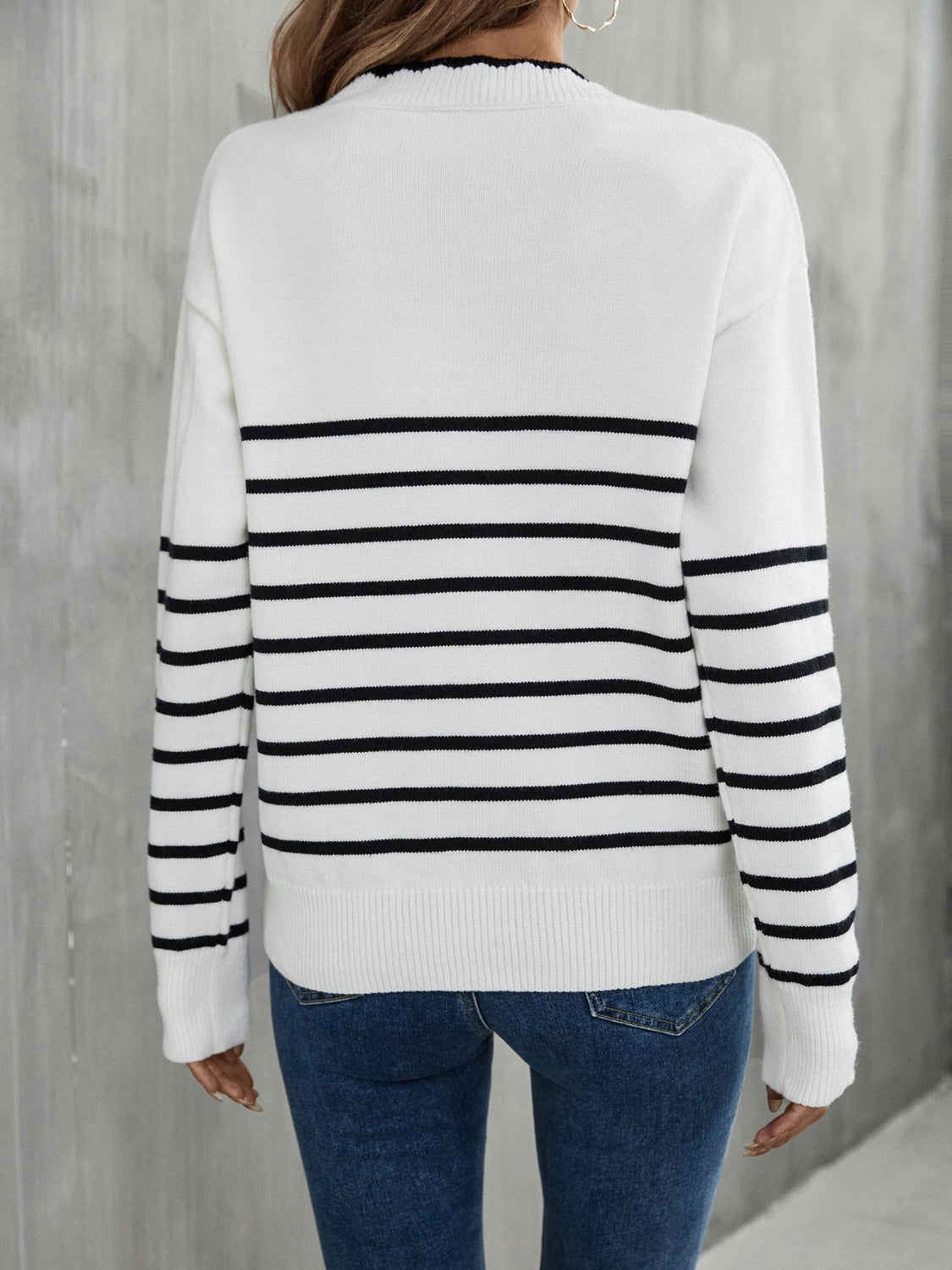 Maxct &Striped V-Neck Drop Shoulder Sweater