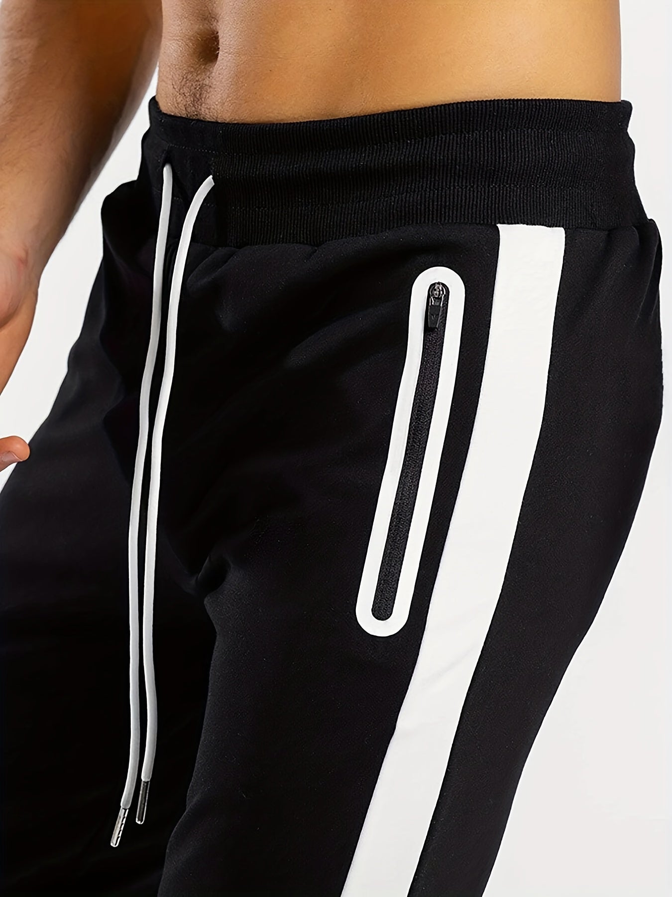 Maxct  Men's Chic Zipper Pockets Casual Pants, Waist Drawstring Stretch Joggers Sweatpants