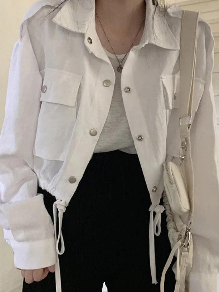 Maxct Lapel Neck Snap Button Drawstring Short Long Sleeve Blouse