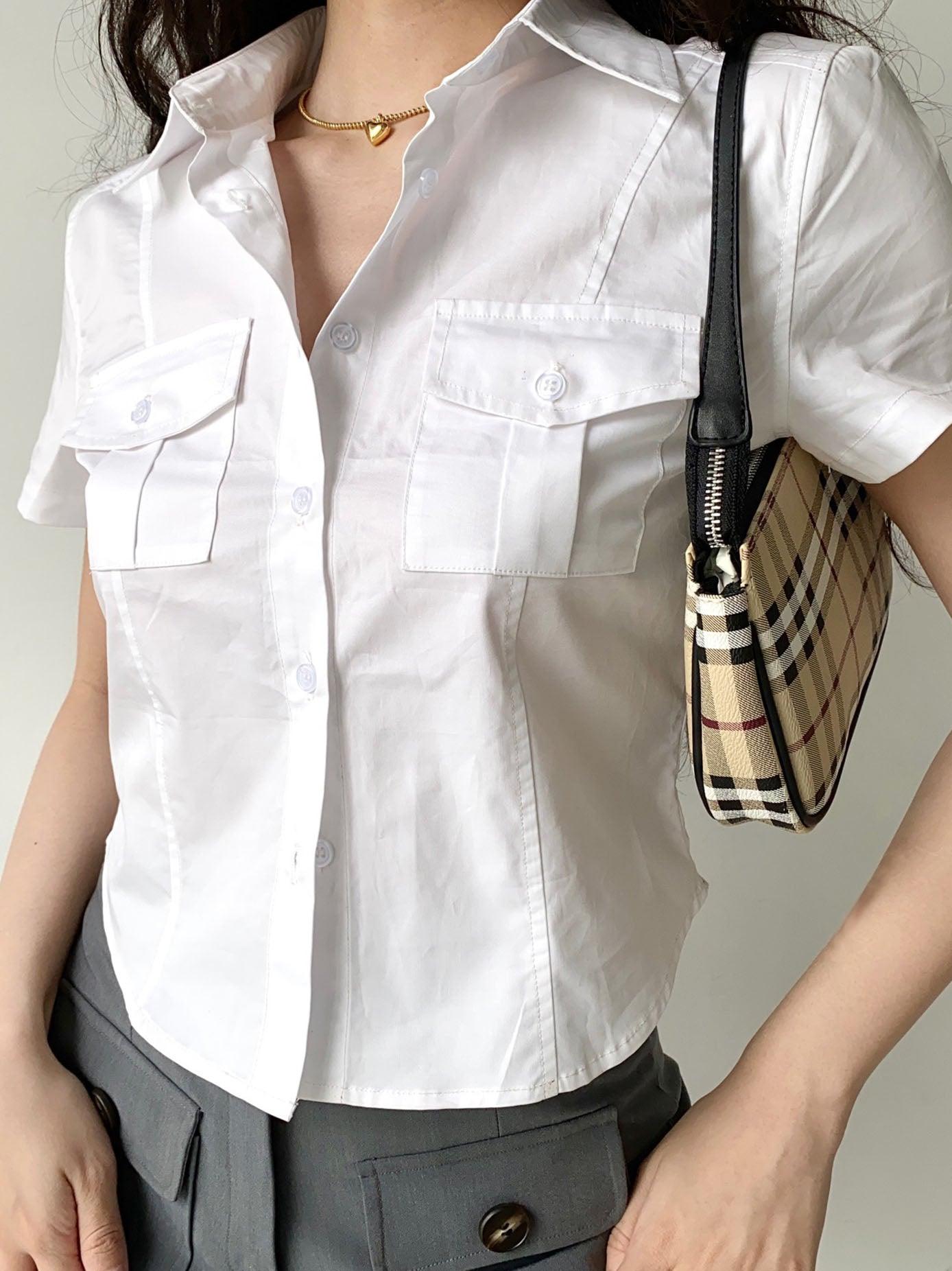 Maxct Vintage Preppy Double Pocket Lapel Short Sleeves Shirt