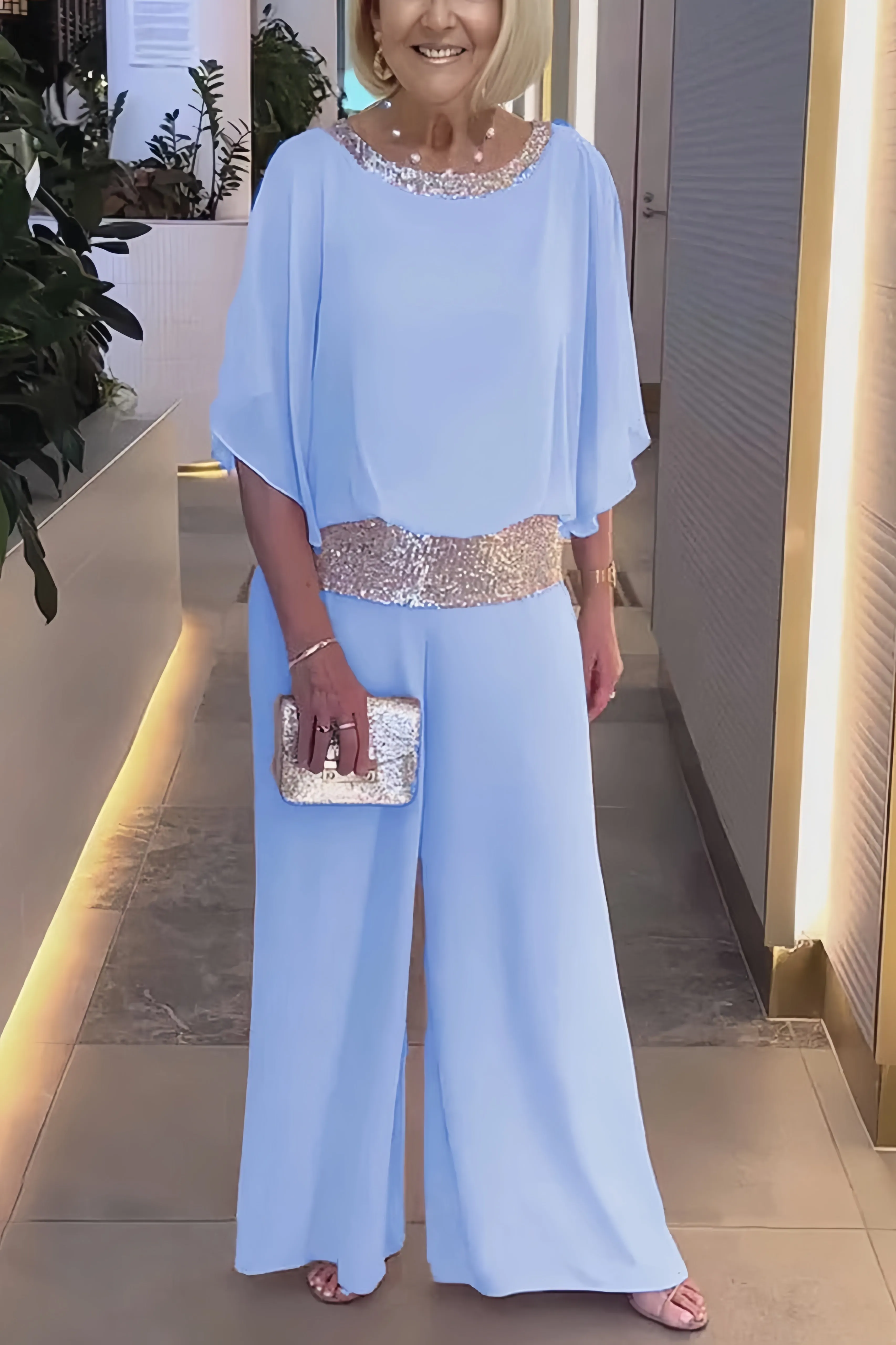 Maxct Sequins Patchwork Bat Sleeve Tops Pants Suits