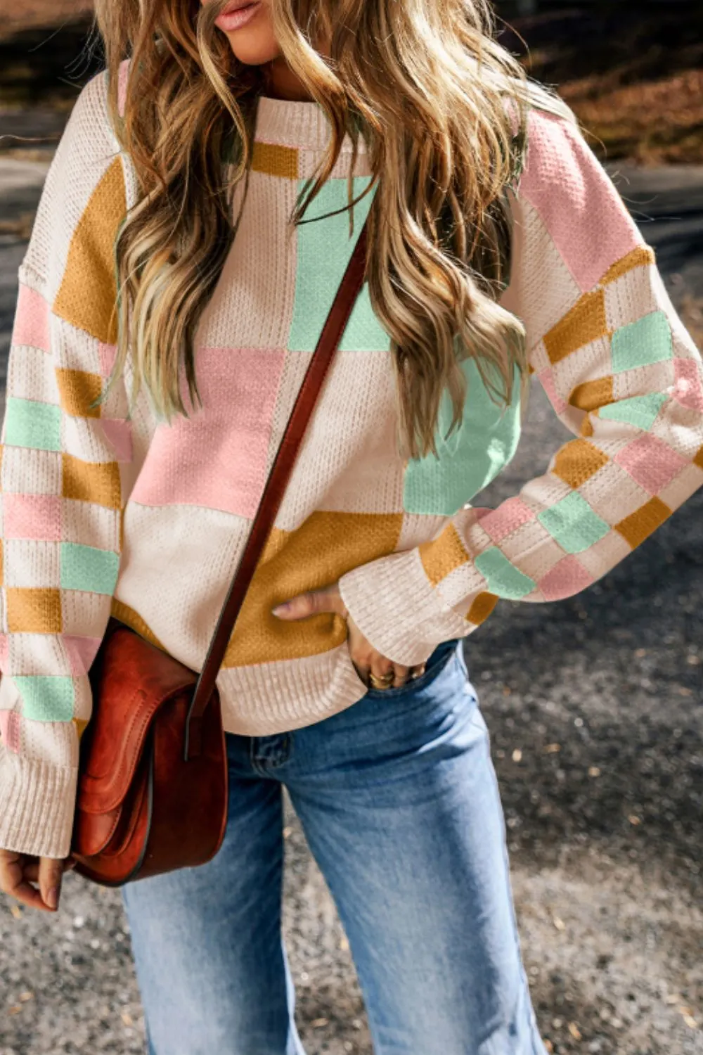 Maxct &Checkered Round Neck Drop Shoulder Sweater