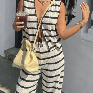 Maxct Striped Knit Tie-up Tank Top Pants Suits