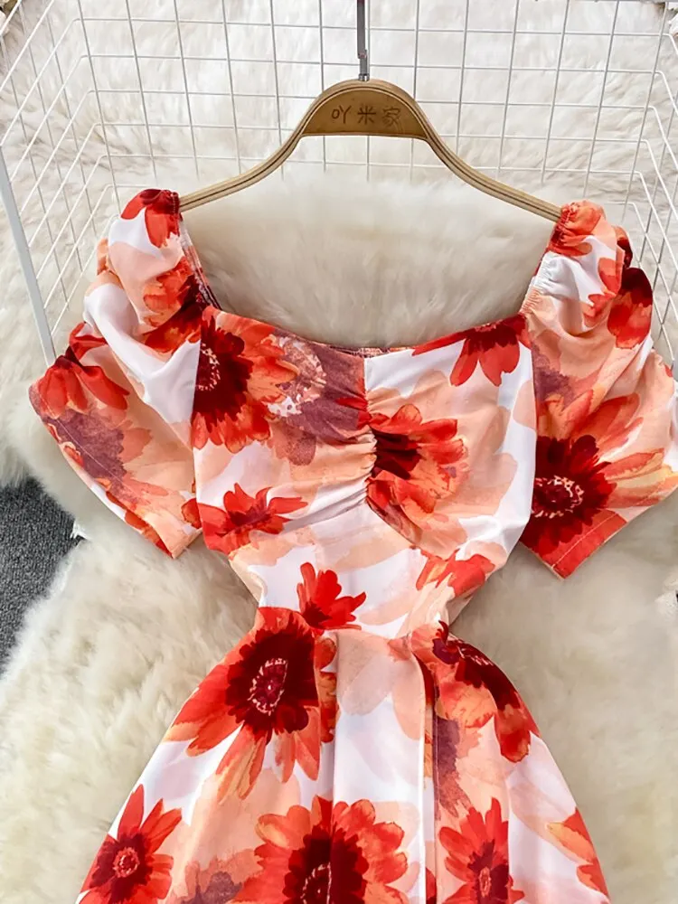 Vintage Women Printed Dresss Sexy Square Collar Short Puff Sleeve High Waist A-Line Vacation Beach Vestidos Female New