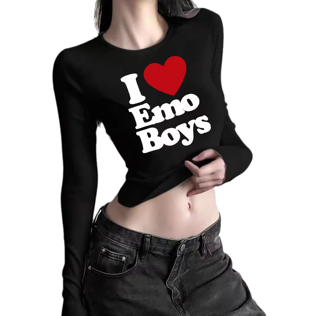 Maxct American Hot Girl round Neck Shoulder Long Sleeve Navel Top Fashion Street Slim Short T-shirt for Women