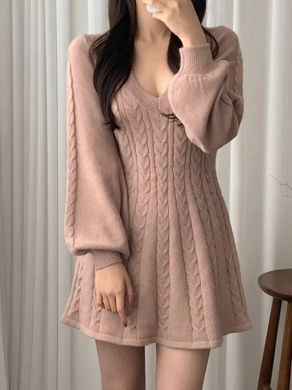 V Neck Cable Knit Long Sleeve Mini Dress Maxct