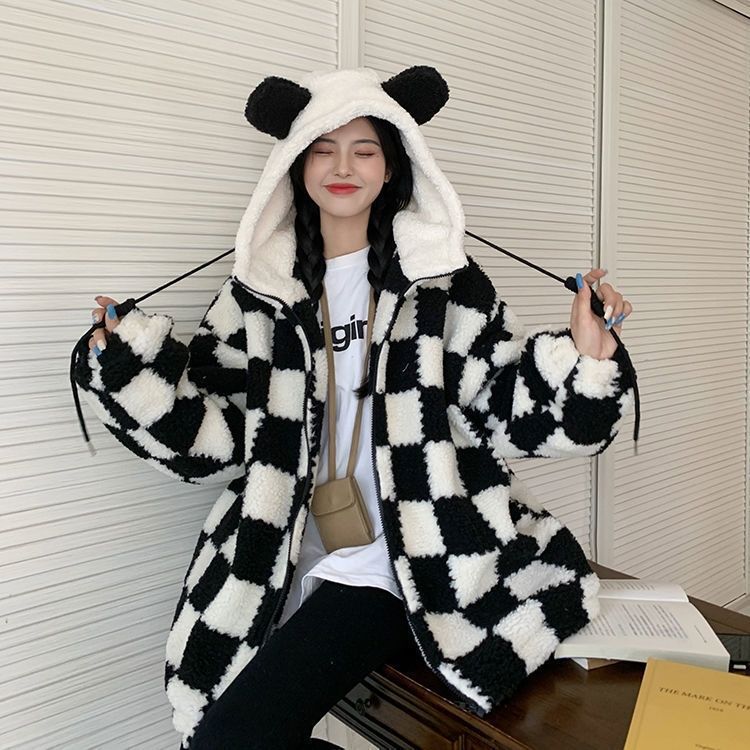 Checkered Cozy Bear Ears Zip-Up Hoodie for Women - true deals club