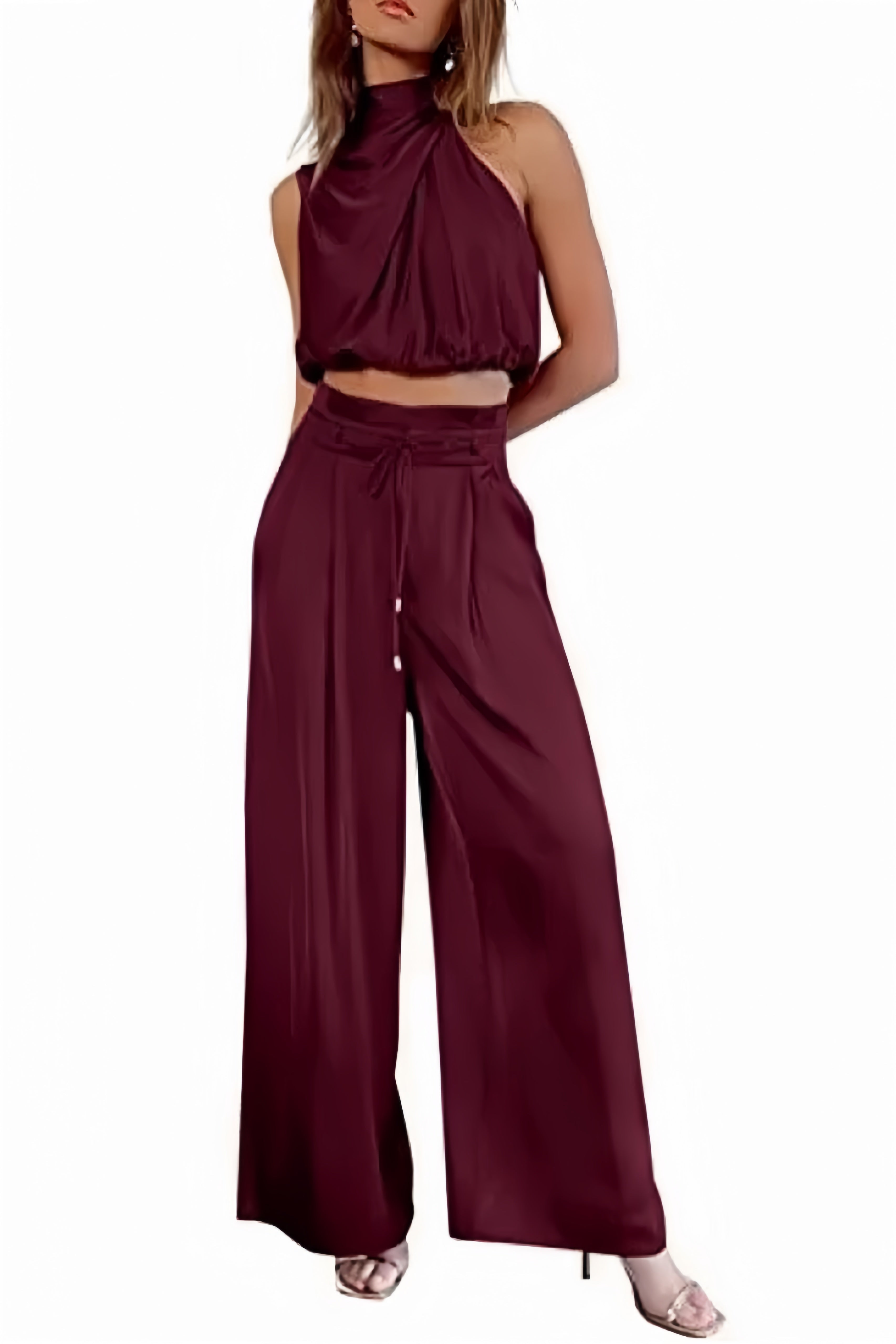 Maxct Satin Mock Neck Crop Top Pants Suits - Image 8