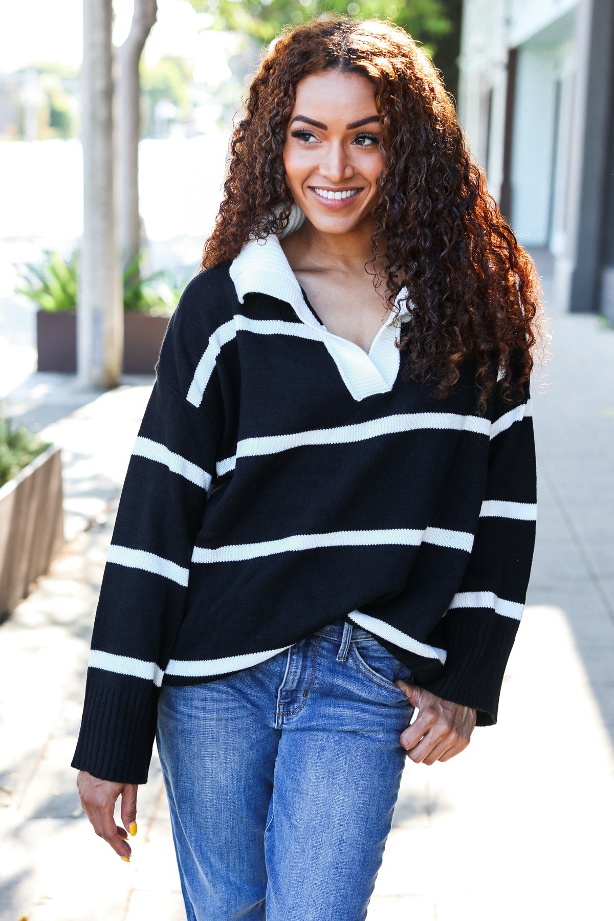Maxct &Fall For You Black Stripe Notched Neck Collared Oversized Sweater
