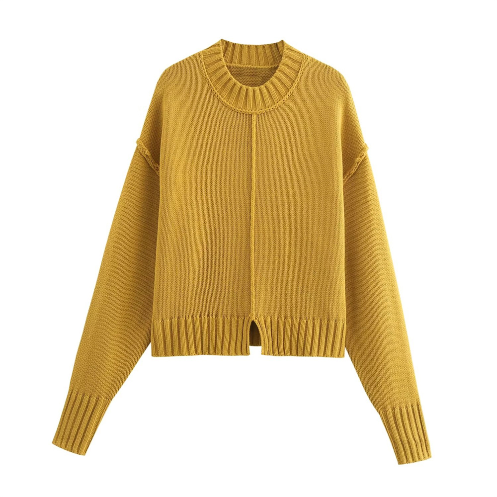 Autumn New Product Women's Sewing Decoration Long Sleeve Round Neck Loose Fork Simple Knitted Shirt