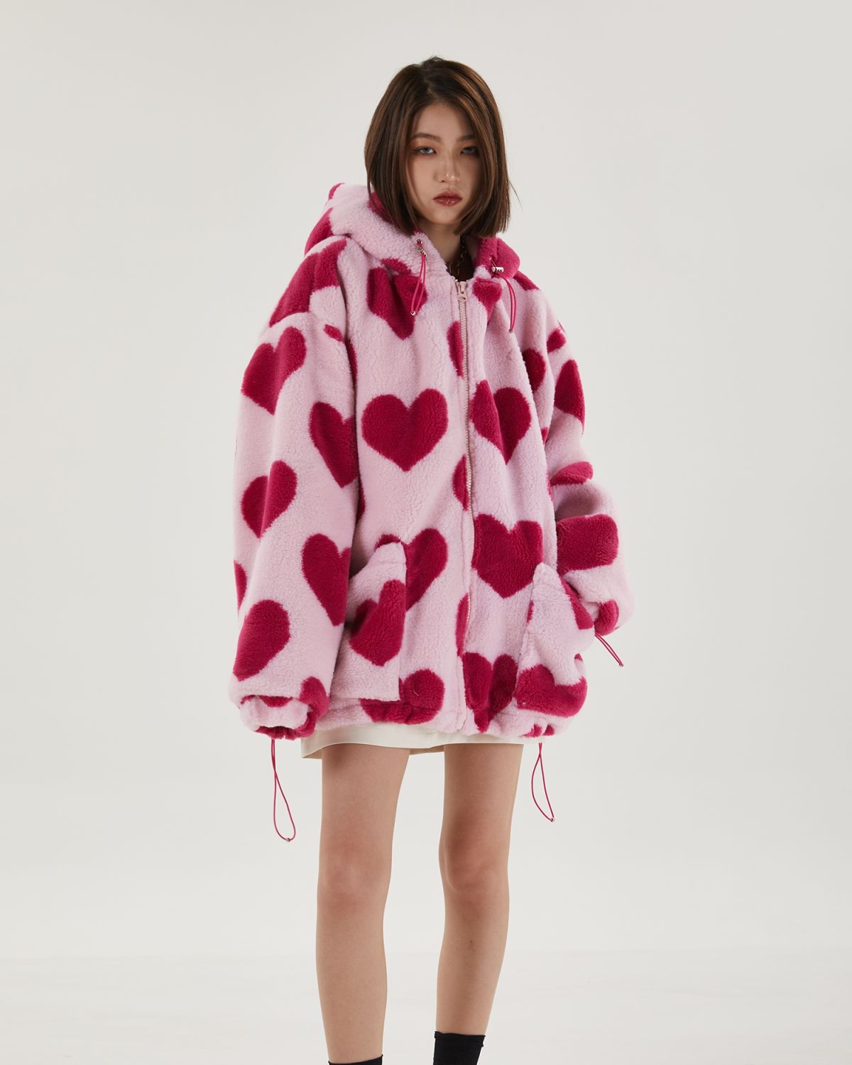 Student Hooded Cotton Women's Hearts Print Fur Jacket - true deals club