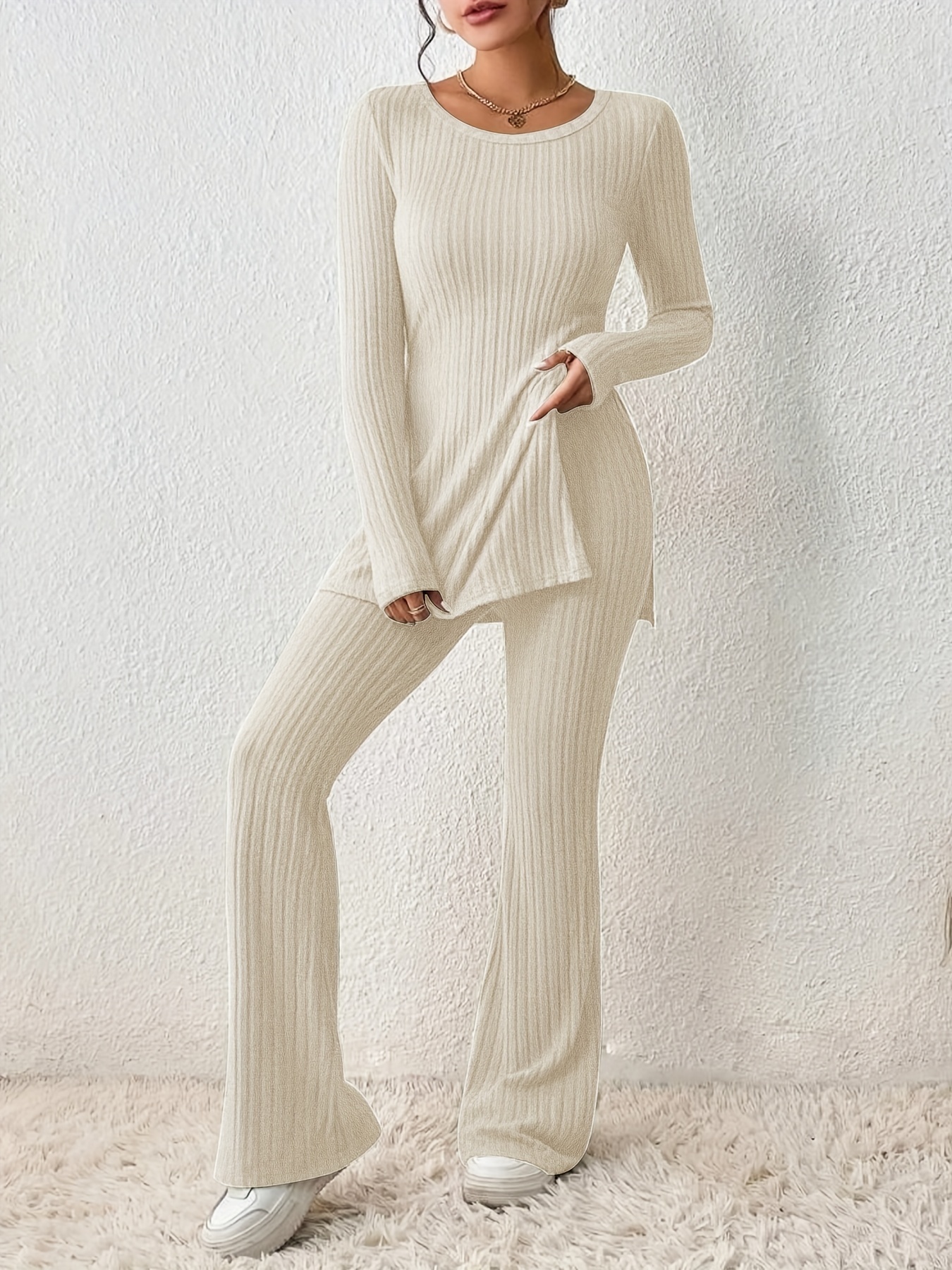 Solid Textured Two-piece Set, Long Sleeve Slit Long Length Top & Skinny Pants Outfits, Women's Clothing