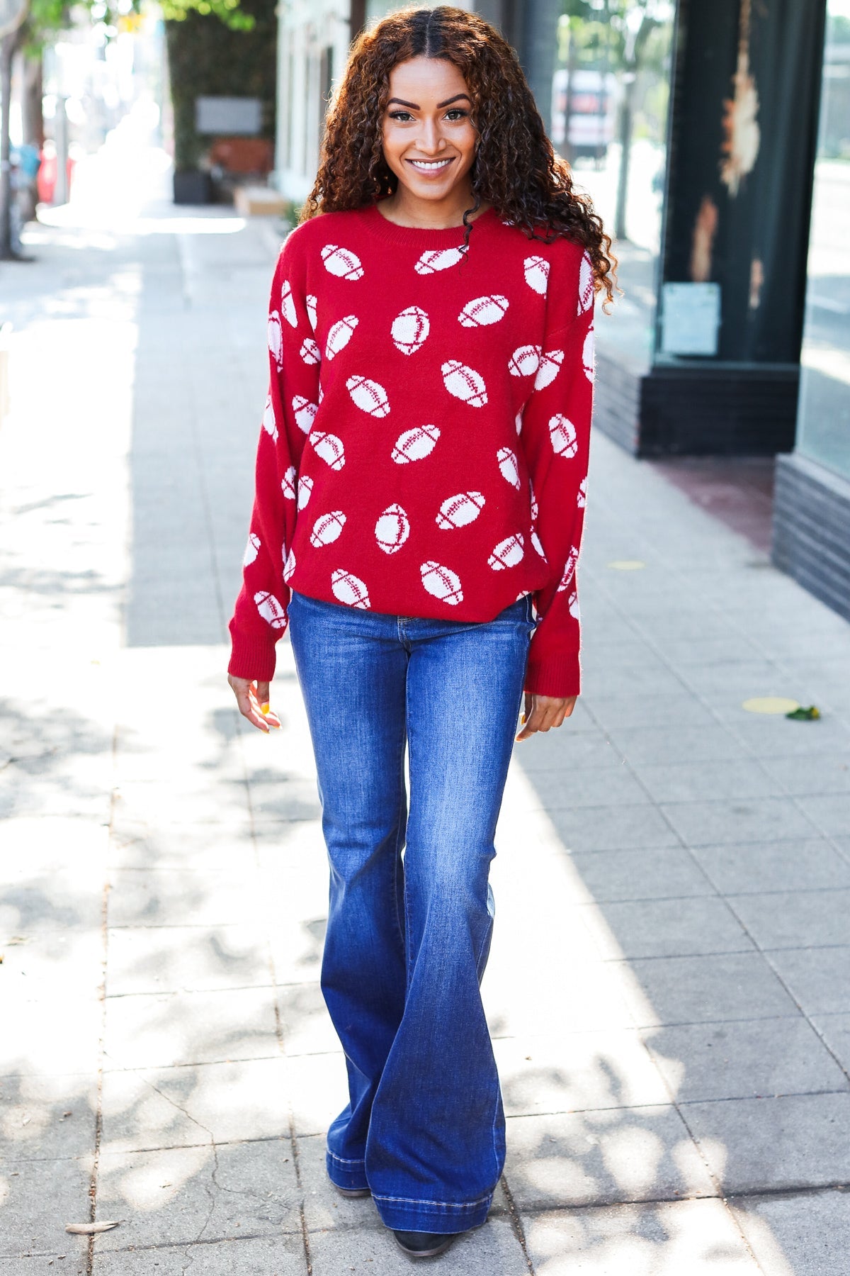 Maxct &Game Day Red Football Print Jacquard Knit Sweater