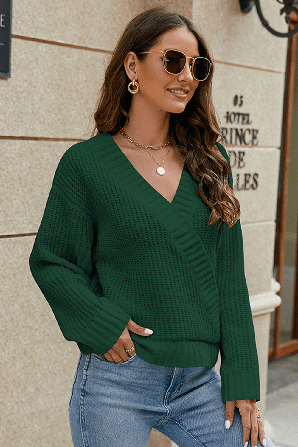 Maxct &Surplice Neck Long Sleeve Sweater