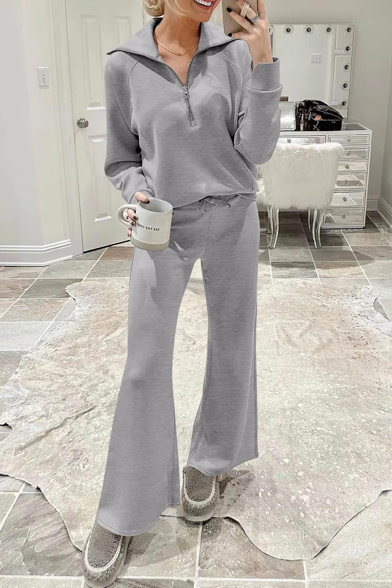 Maxct Lapel Zip-up Sweatshirt Wide Leg Long Pants Set