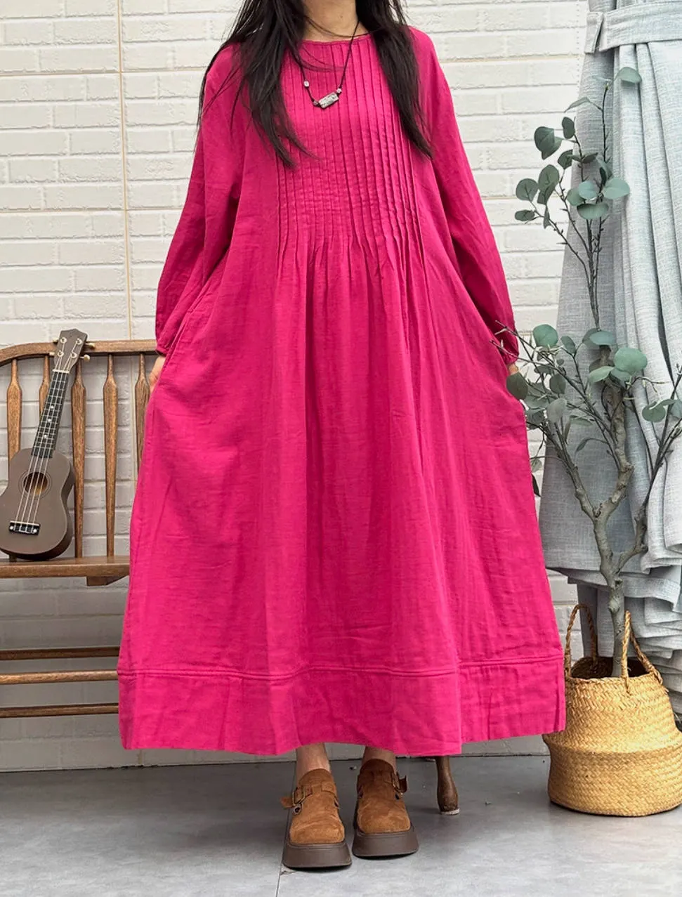 Solid Color Cotton Plus Size Loose Long Sleeves Dress