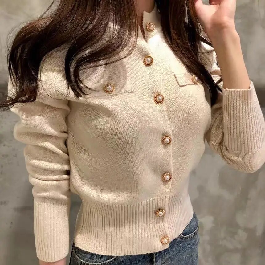 Maxct Women O-Neck Knitted Full Sleeve Cropped Buttons Slim Sweaters Cardigans Lady Single-breasted Sweater Crop Tops for Female