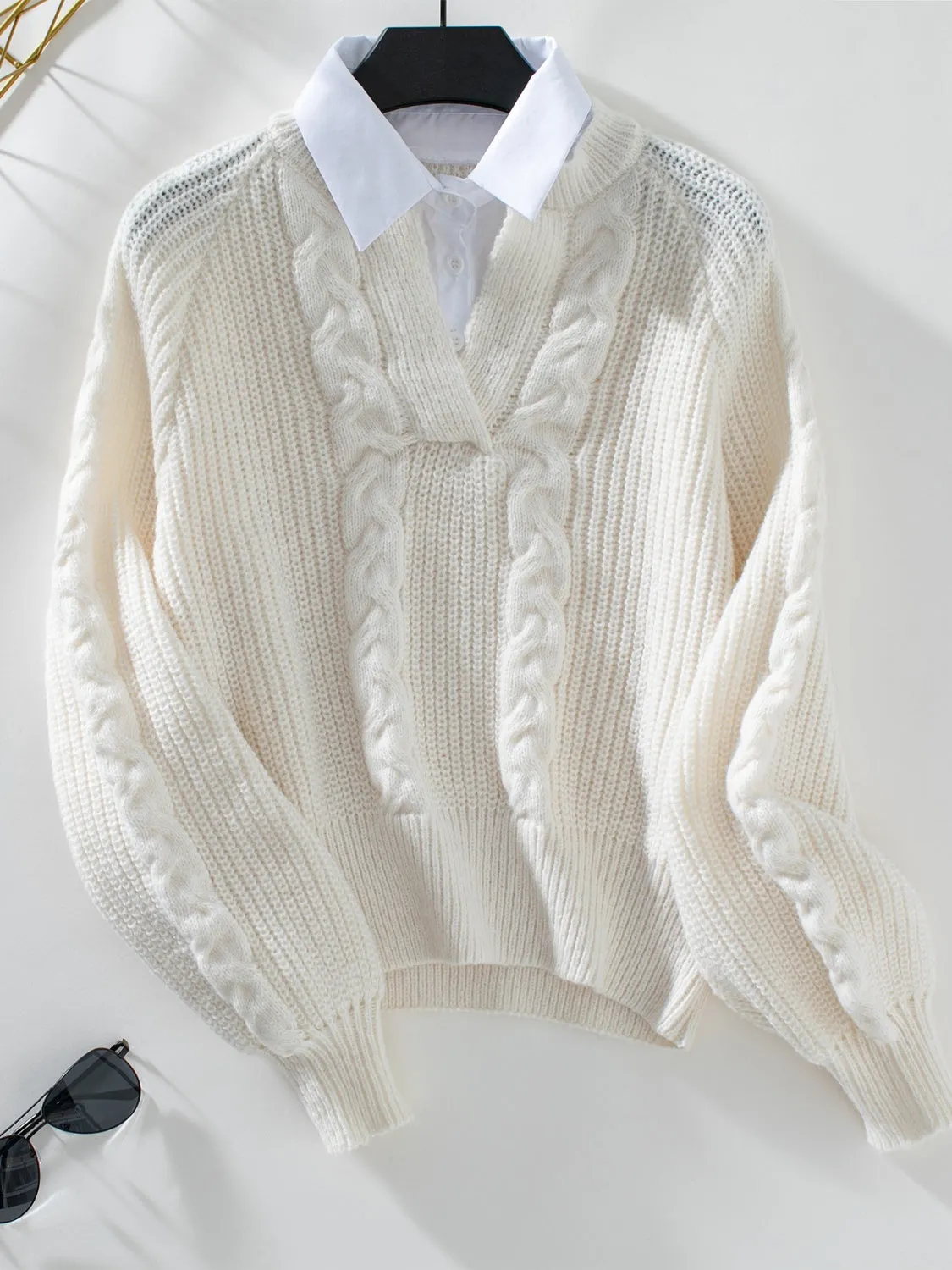 Maxct &Cable-Knit Collared Neck Faux Layered Sweater