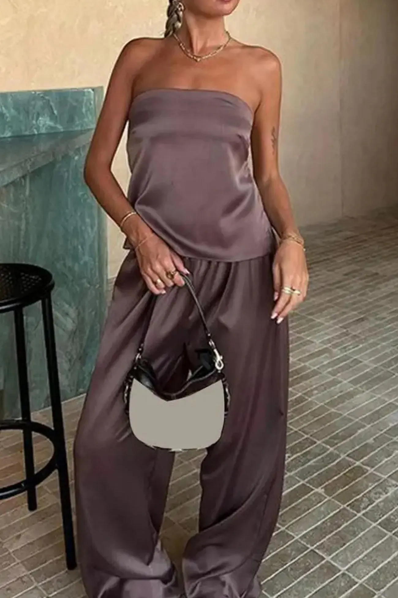 Maxct Satin Solid Tube Top Long Pants Suits