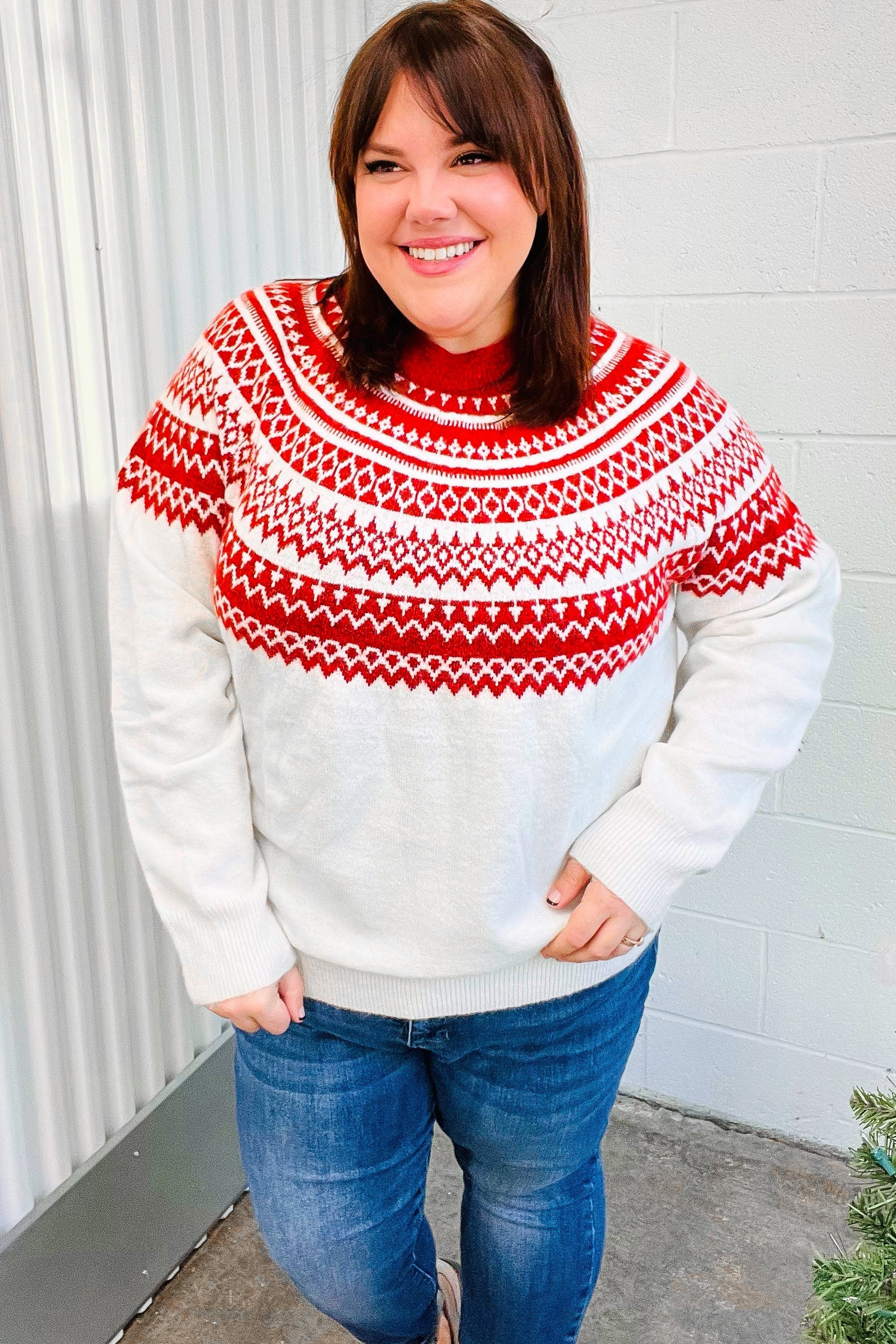 Maxct &Feeling Festive Ivory & Red Fair Isle Mock Neck Sweater