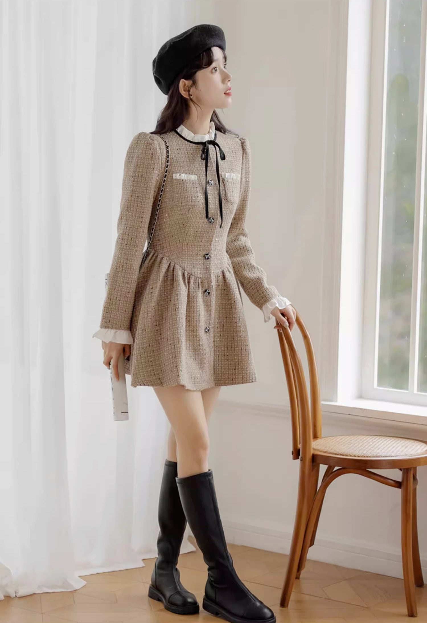 Latte Tweed Mini Dress Maxct