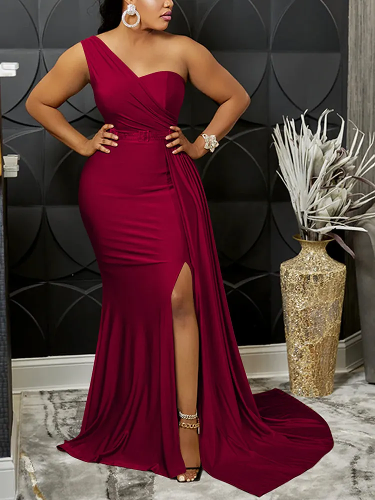 One Shoulder Solid Color Party Dress Maxct