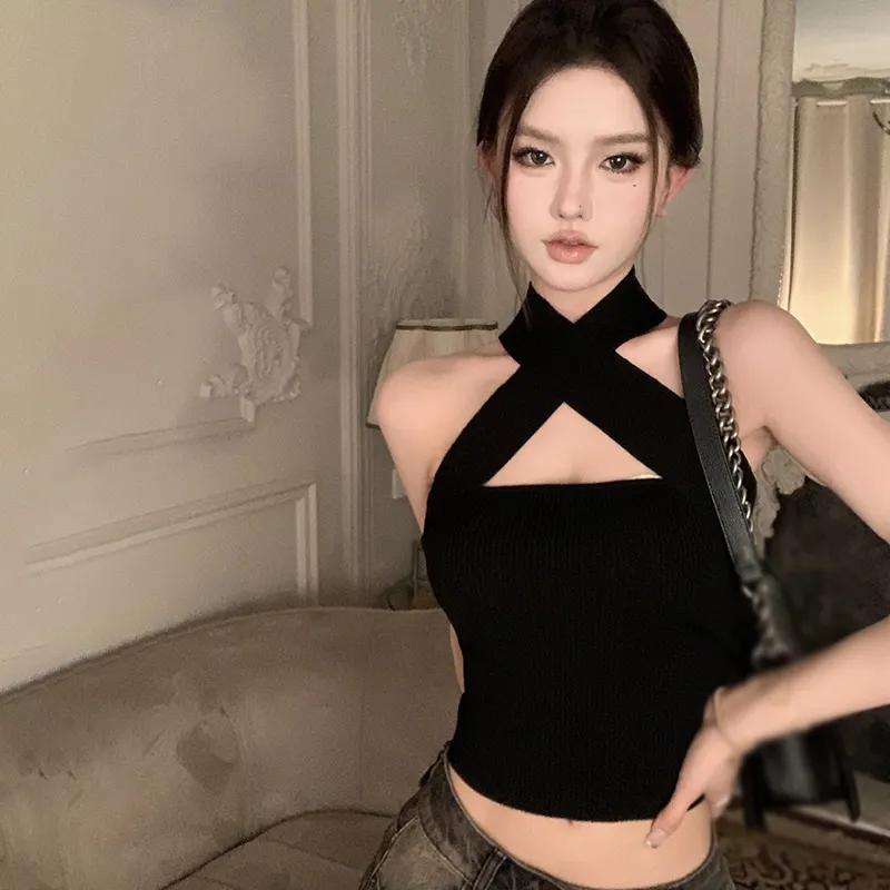 Maxct New Slim Top Short Hot Girl Pure Desire Cross Halter Knit Vest Woman Crop Tops Y2k Accessories