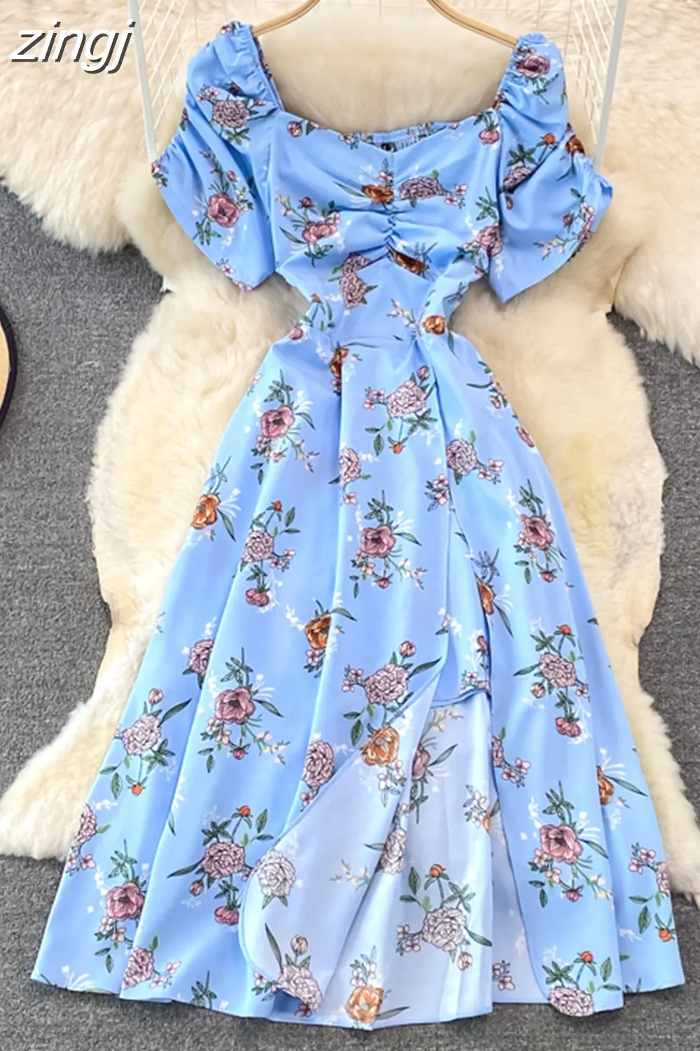 Maxct Vintage Women Printed Dresss Sexy Square Collar Short Puff Sleeve High Waist A-Line Vacation Beach Vestidos Female New