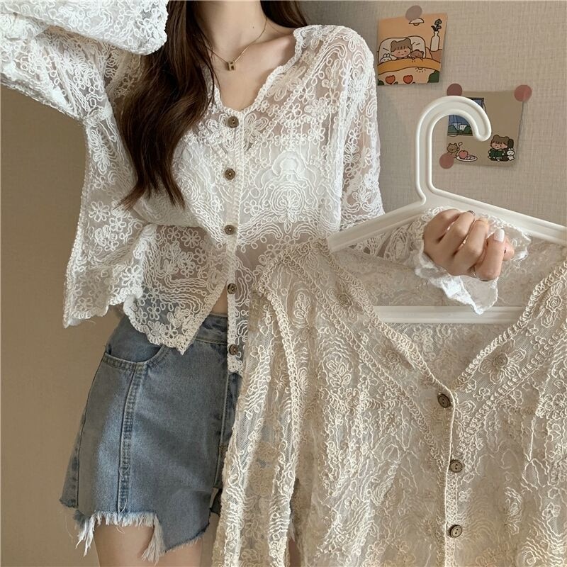 See Through Shirt Women Lace Blouse Summer Sun-Proof Sweet Sheer Tops Preppy V-Neck Casual Trendy Harajuku Basic Korean Blouse