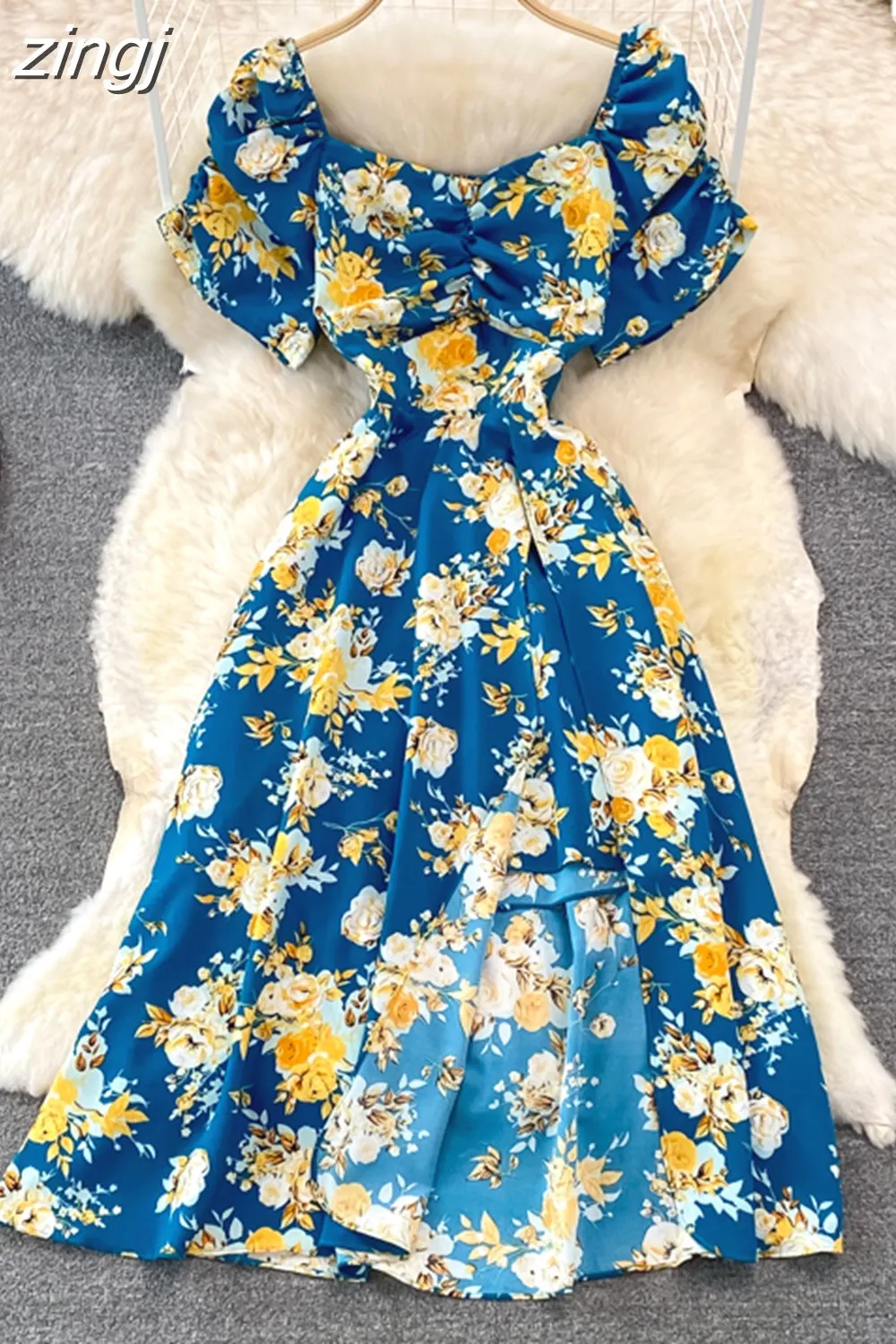 Maxct Vintage Women Printed Dresss Sexy Square Collar Short Puff Sleeve High Waist A-Line Vacation Beach Vestidos Female New
