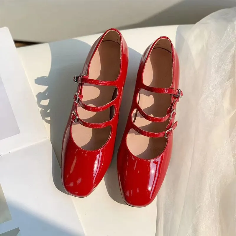 Handmade Mary Jane Shoes 40mm Triple-strap Pumps Block Heel Maxct