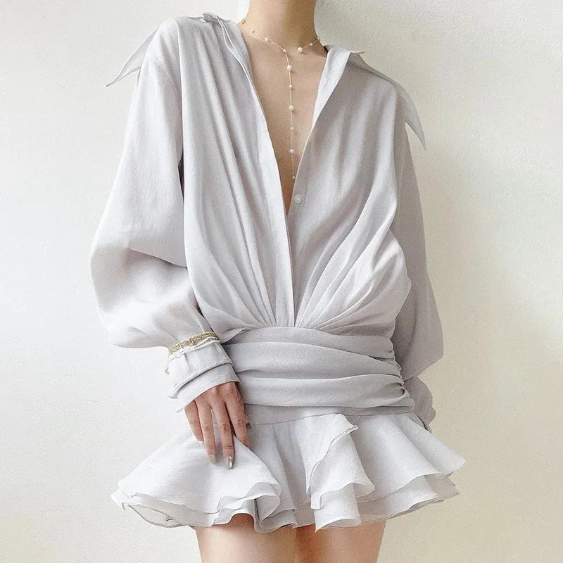 Maxct New Chiffon Mini Dress Women's Ruffled Splice Pleated Dress Mesh See-through Loose Oversized Shirt Dress Cover-Up Clothes