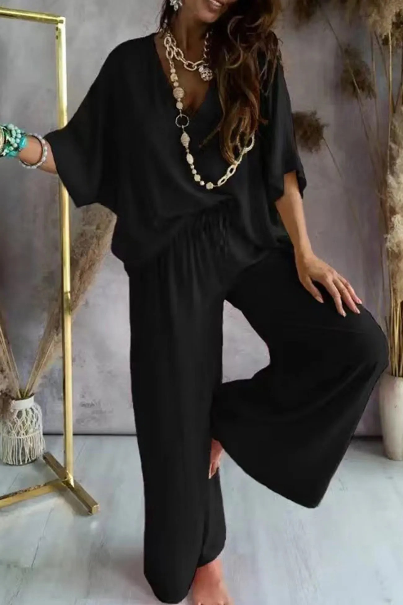 Maxct V Neck Bat Sleeve Solid Shirt Suits