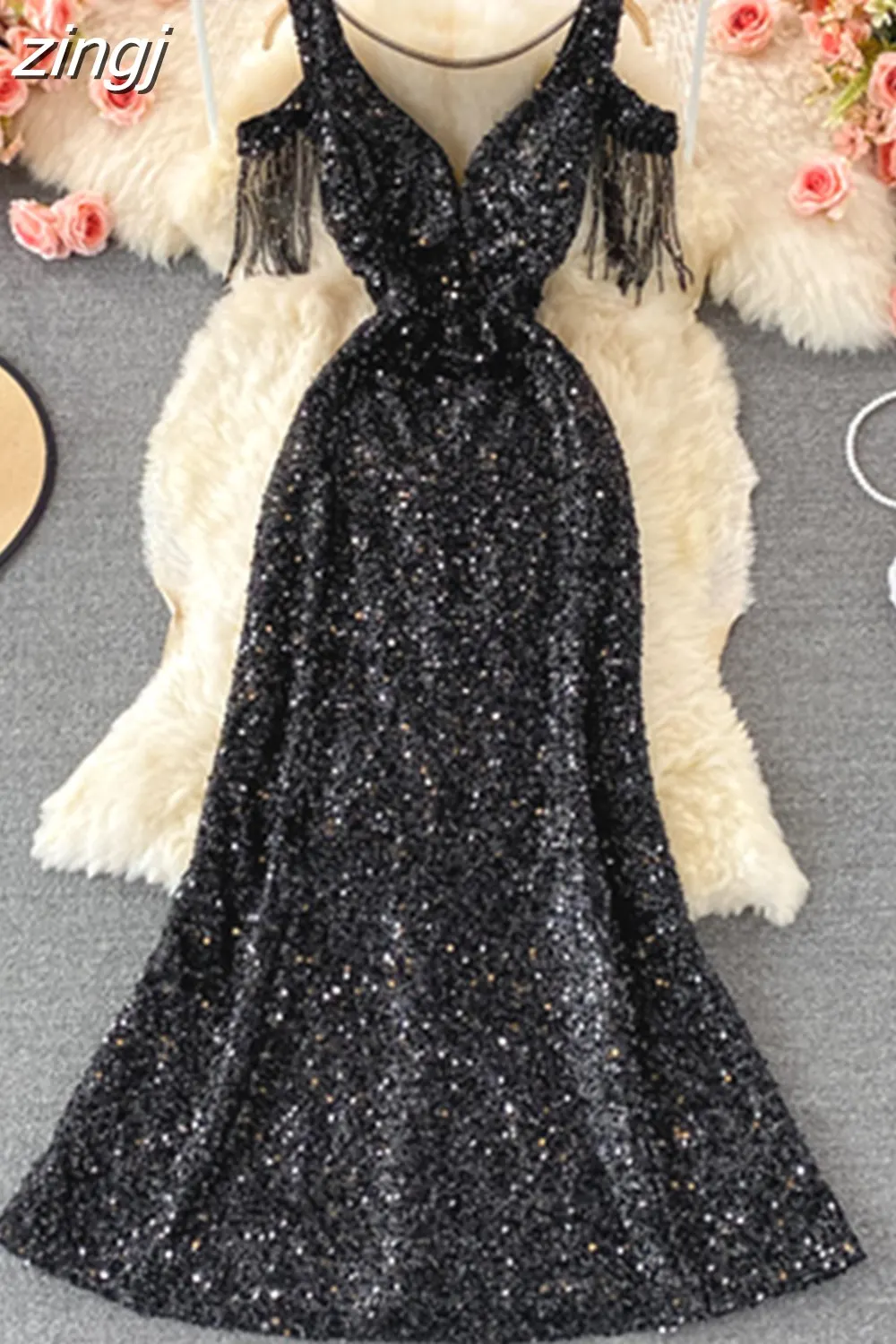 Maxct Sequins Party Maxi Dress For Women Sexy V-Neck Short Sleeve High Waist Tassel Long Robe Female Elegant Vestidos