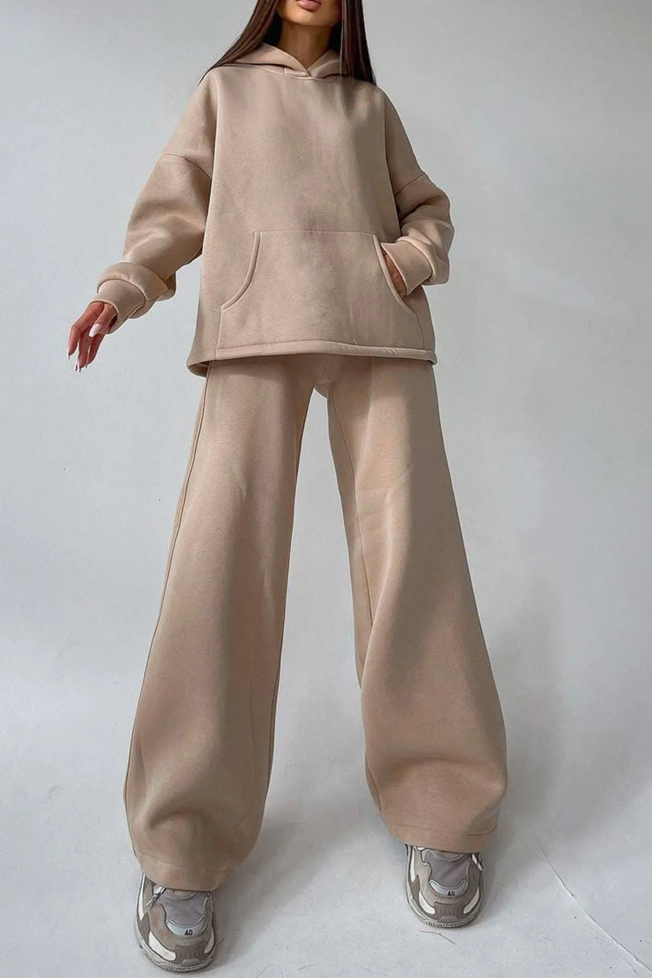 Maxct Solid Hoodie Wide Leg Long Pants Suits