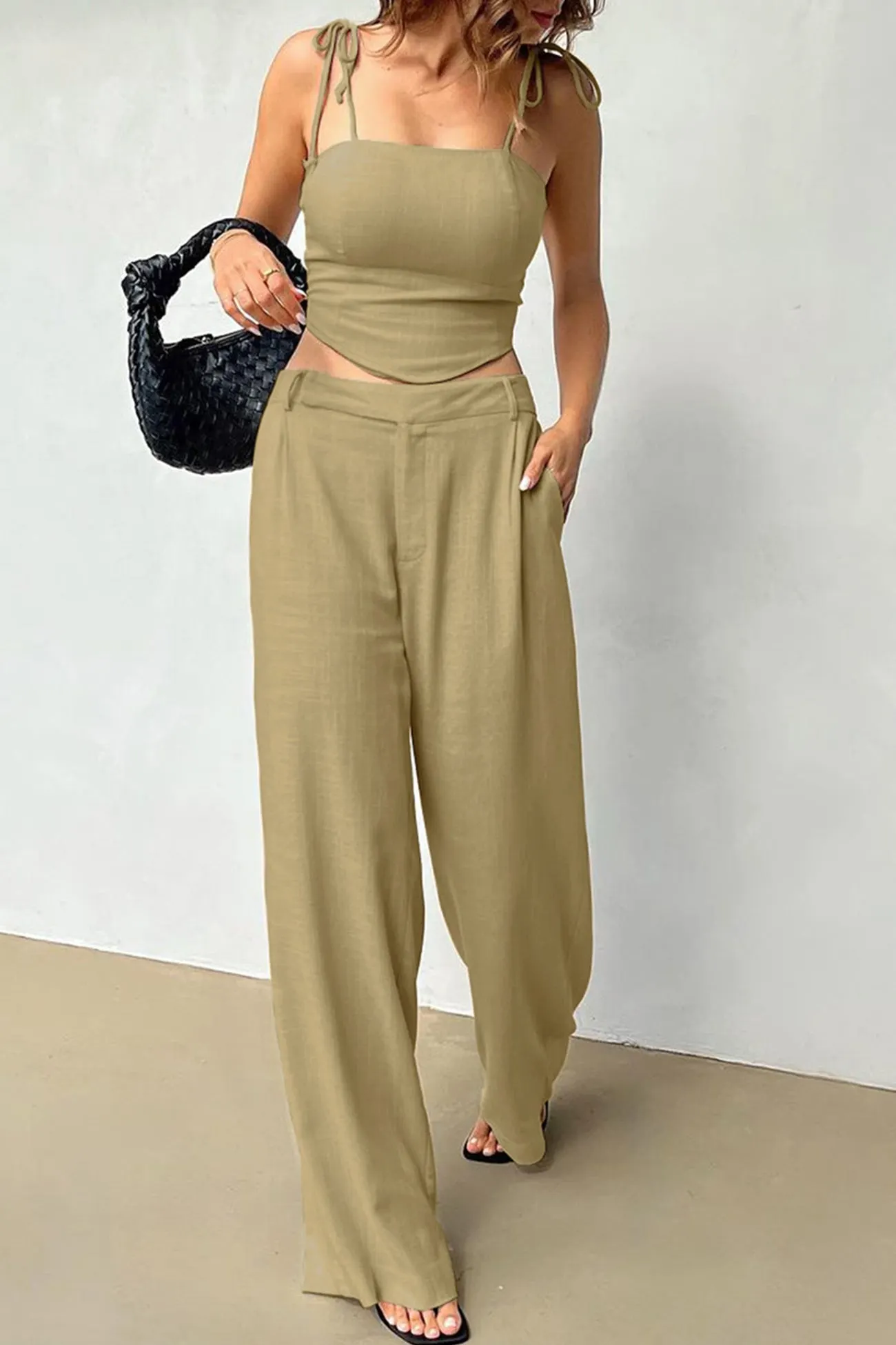 Maxct Cotton Tie-straps Cami Tops Pants Suits