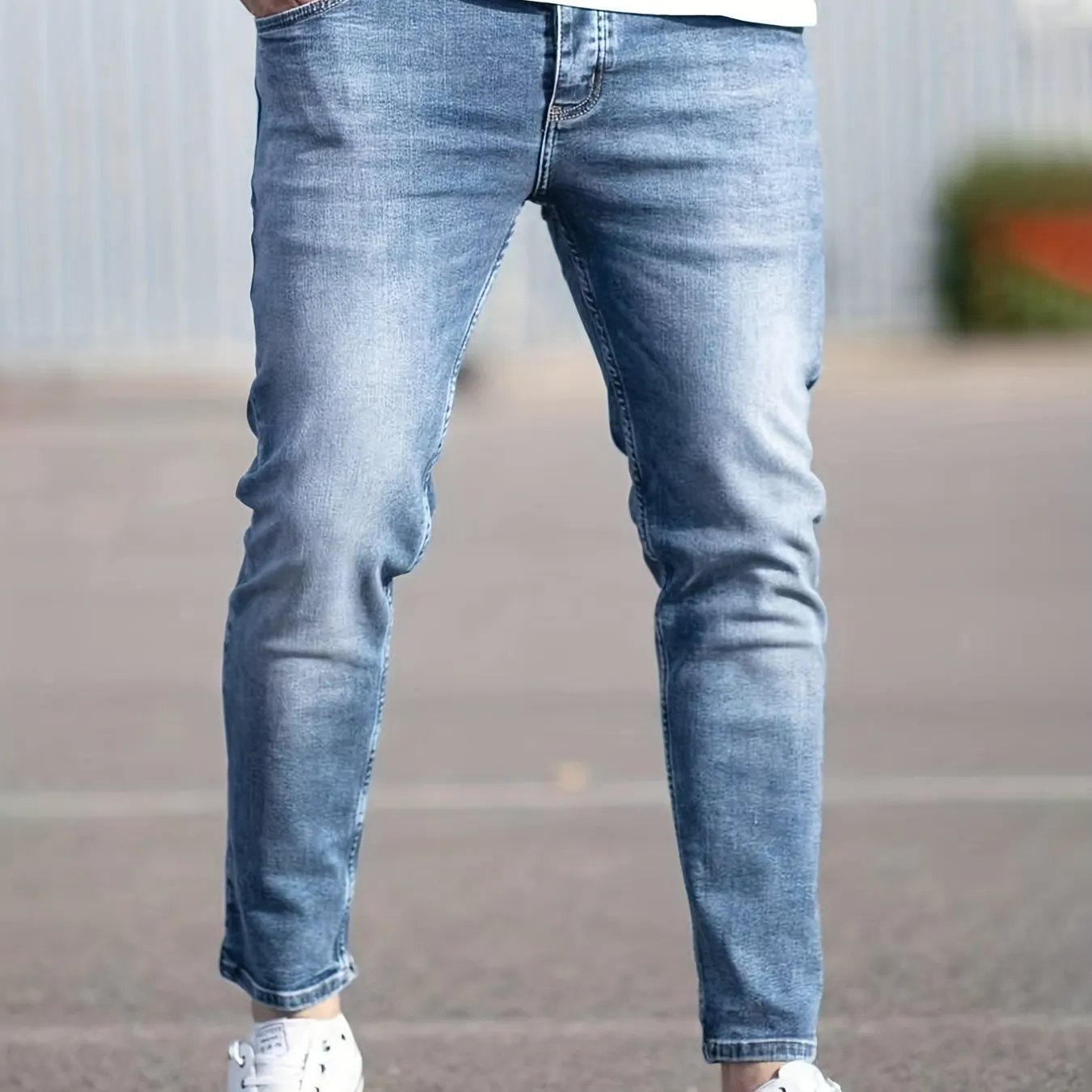 Maxct  Light Wash Cotton Slim Fit Jeans, Men's Casual Street Style Mid Stretch Denim Pants For Spring Summer
