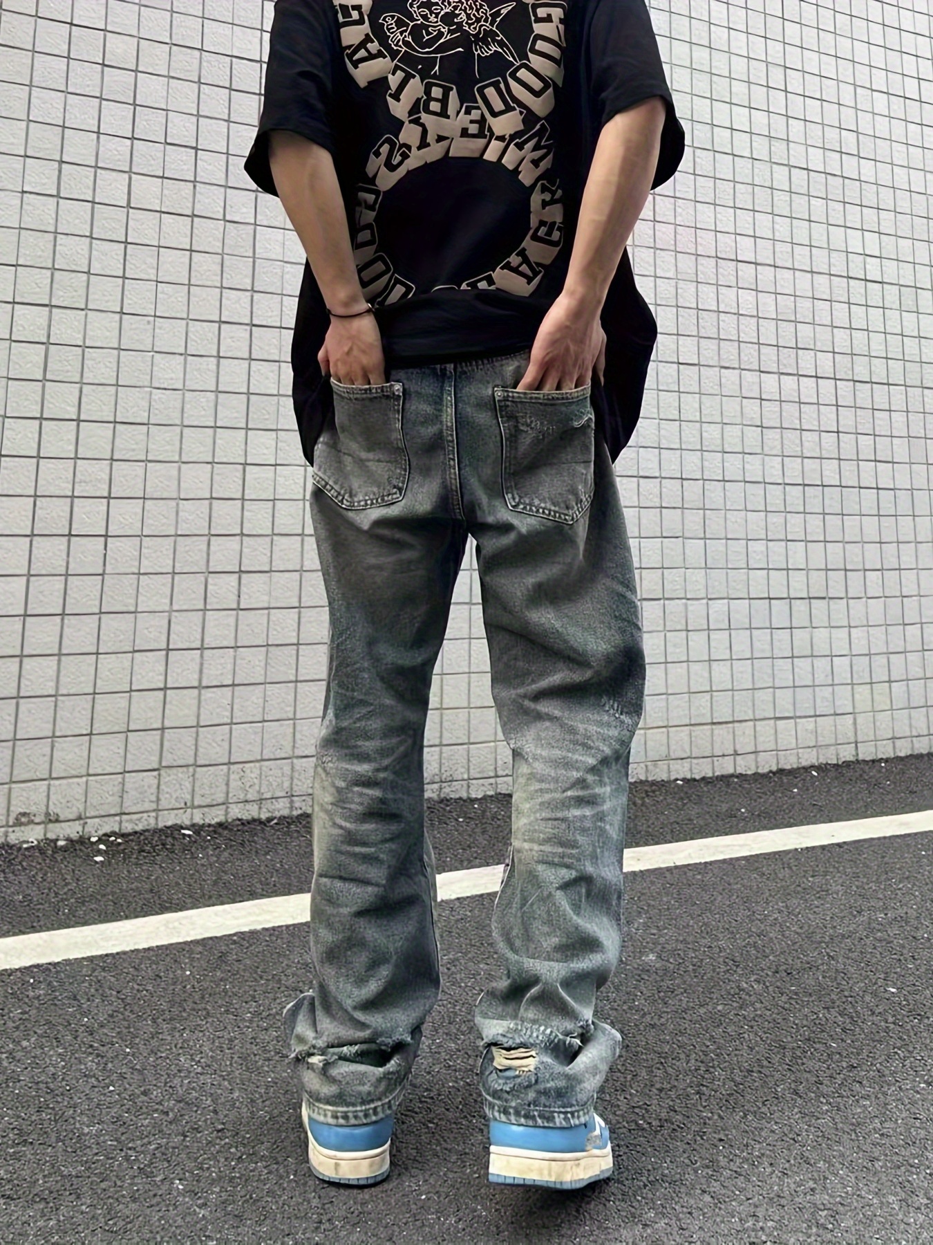 Baggy Ripped Cotton Jeans, Men's Casual Street Style Distressed Denim Pants For Spring Summer