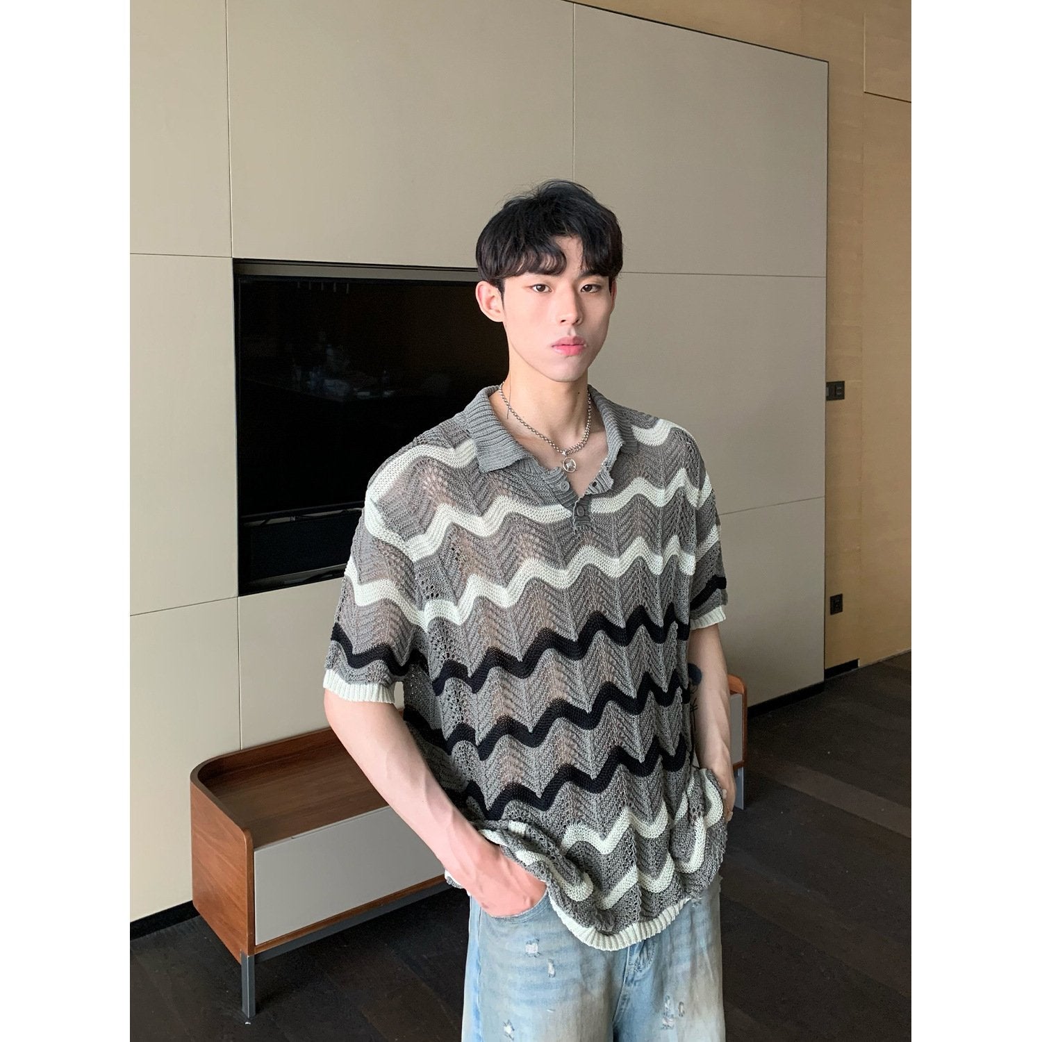 Maxct 90s Streetwear Korean Style Summer High-end Sense Hollow Color Stripe Lap Short-sleeved Niche Design POLO Shirt T-shirt Casual Top