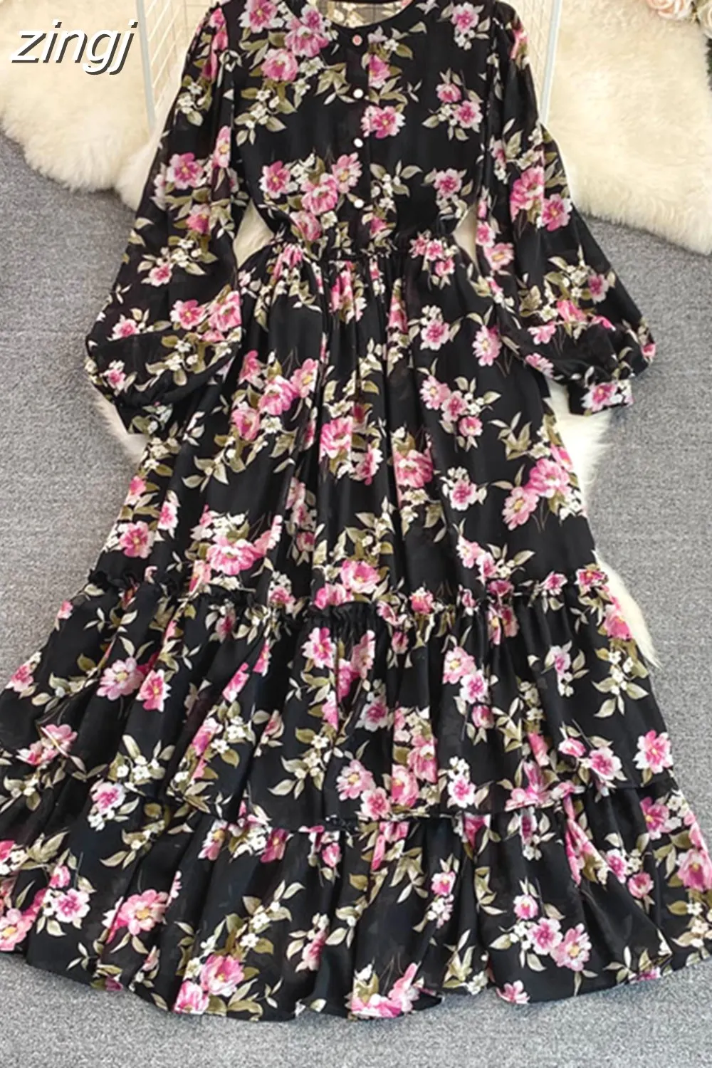Maxct Vintage Floral Chiffon Long Dress Elegant O-Neck Puff Sleeve High Waist A-Line Ruffle Hem Vacation Beach Maxi Vestidos